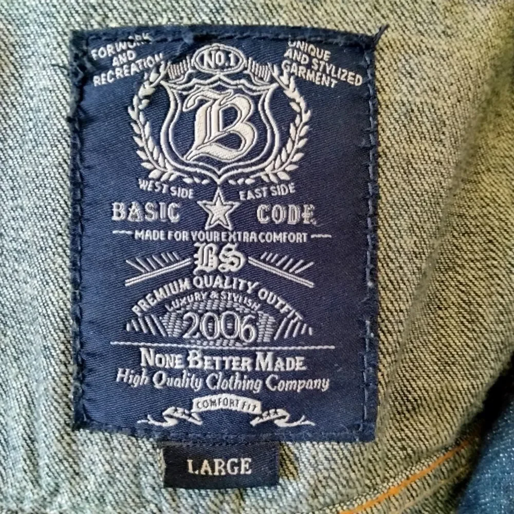 Basic Code Denim Vest Size L Patches Back Panel Freedom - Picture 3 of 7